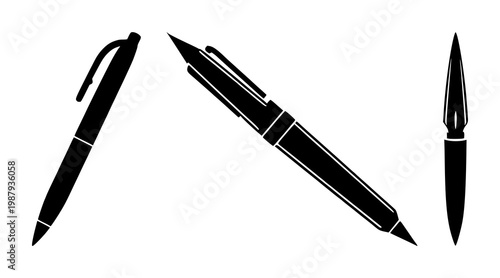 Solid black icon, white background: fountain pen icon set with simple line art design featuring outline, illustration, graphic elements with clean design and vector art