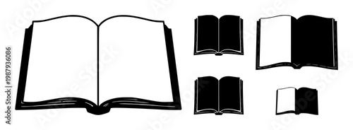 Open book icon set with solid black outline on white background featuring book shape, educational graphic, reading symbol with minimalist strokes and line art