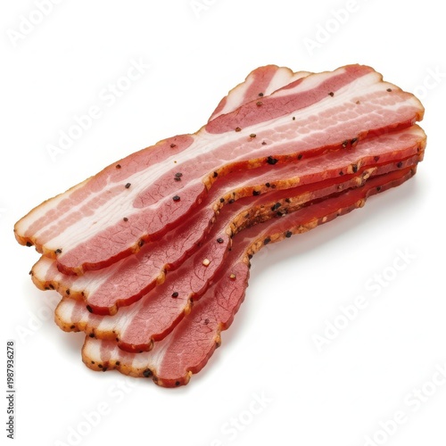 A delicious stack of bacon slices on a wooden cutting board with pepper