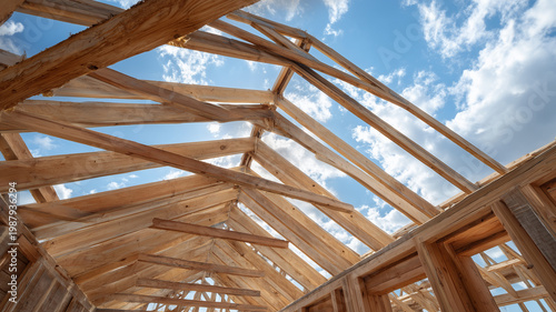 The roof frame structure of the house is being built using wooden frames and beams that form a triangular roof pattern.