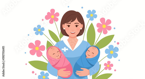 Portrait of a smiling female midwife carrying twin newborn babies with beautiful blooming flowers background for International Midwives Day.