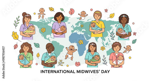 Group of diverse female midwives holding newborn babies with world map background for International Midwives Day celebration.