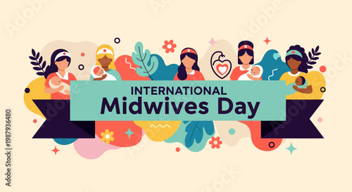 Group of multiethnic midwives holding babies with ribbon banner celebrating International Midwives Day on colorful abstract background
