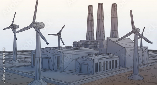 Wind turbines and factory smokestacks industrial landscape.