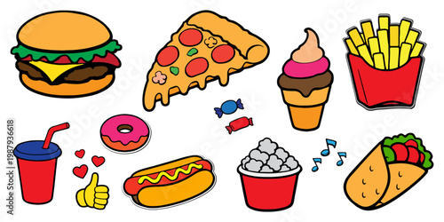 Set of fast food and junk food doodle icons. Hand drawn colorful stickers of burger, pizza, fries, hot dog, donut and drinks, isolated. Vector illustration.