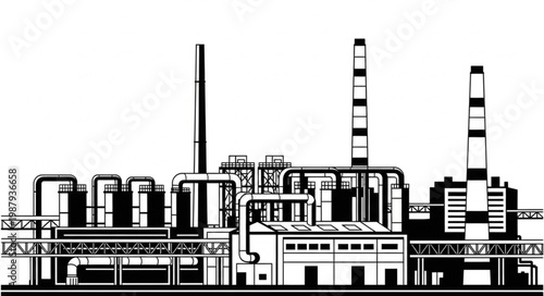 Industrial Factory Building with Smokestacks and Pipes.