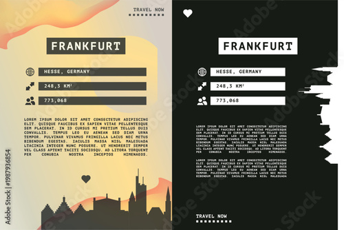 Frankfurt, Germany vector infographics, brochure layout set. Guide, leaflet, flyer, graphic templates with text, information, data, city skyline shape. Mock up, copy space images series