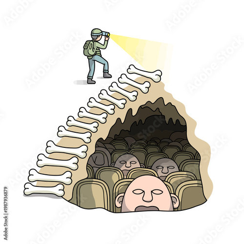 Man Exploring Cave with Flashlight Finds Bones and People Hiding