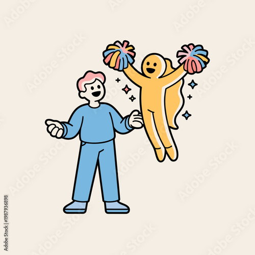 Man Releasing Yellow Cartoon Character with Pom Poms