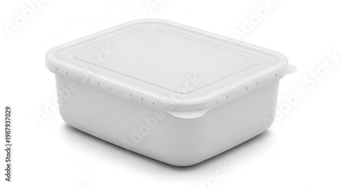 Empty white plastic food storage container with lid isolated on white background