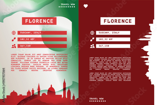 Florence, Italy vector infographics, brochure layout set. Guide, leaflet, flyer, graphic templates with text, information, data, city skyline shape. Mock up, copy space images series