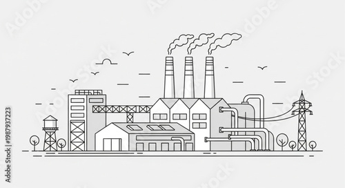 Industrial factory with smoking chimneys and water tower illustration.