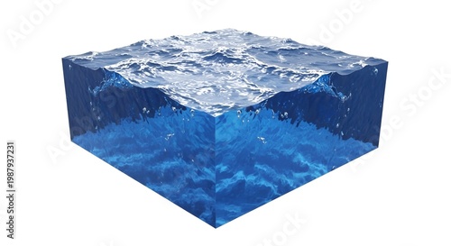 3D cube of water with clear liquid and ripples on top, isolated on white background
