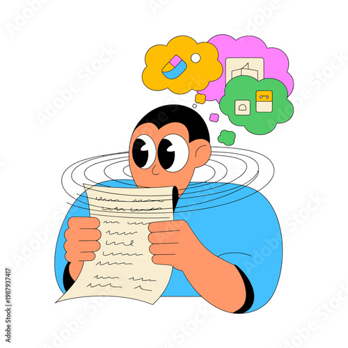 Stressed Man Reading Document with Thought Bubbles
