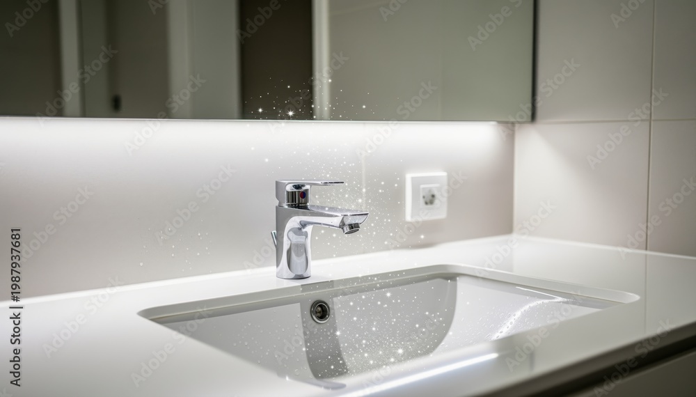 Fototapeta premium Modern Bathroom Elegance: A minimalist bathroom scene with a sleek sink, chrome faucet, and subtle lighting creating an atmosphere of modern comfort and style.