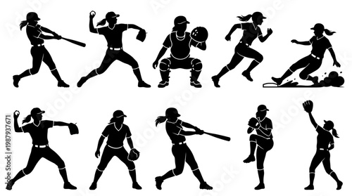 10 Woman Playing Baseball Silhouette Vector Pack – Female Sport Action SVG Collection