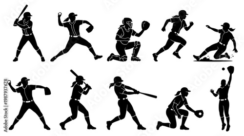 10 Woman Playing Baseball Silhouette Vector Pack – Female Sport Action SVG Collection
