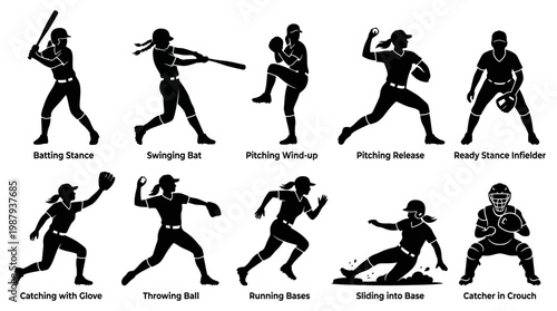 10 Woman Playing Baseball Silhouette Vector Pack – Female Sport Action SVG Collection