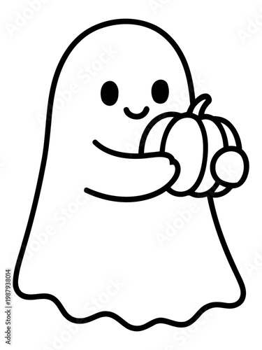 Cute Ghost holding a Pumpkin: An adorable ghost character tenderly embraces a plump pumpkin, embodying the playful spirit of Halloween.