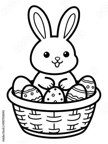 Easter Bunny with Decorated Eggs: A cheerful Easter bunny peers out from a wicker basket brimming with vibrantly decorated Easter eggs. This image evokes feelings of springtime joy and celebration.