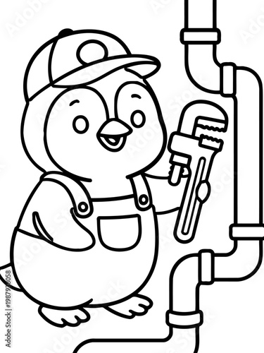 Penguin Plumber at Work: A charming penguin character, donned in overalls and a cap, diligently works with a wrench on plumbing, showcasing his handy skills.