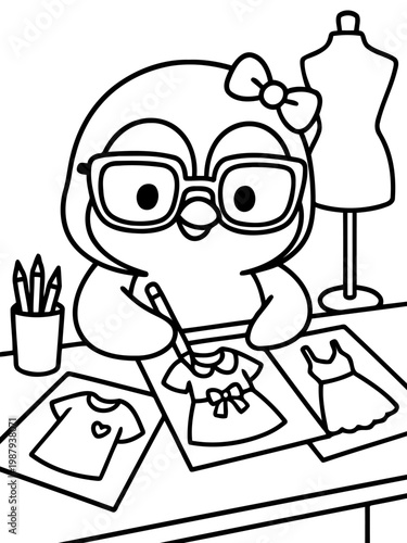 Fashion Penguin: A charming penguin, adorned with glasses and a bow, dedicates itself to sketching delightful dress designs, accompanied by a tailor's dummy.