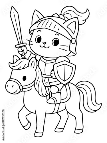 Brave Cat Knight: A valiant cat, clad in shining armor and helmet, rides gallantly on a majestic horse, brandishing a sword and shield, ready to embark on a noble quest.