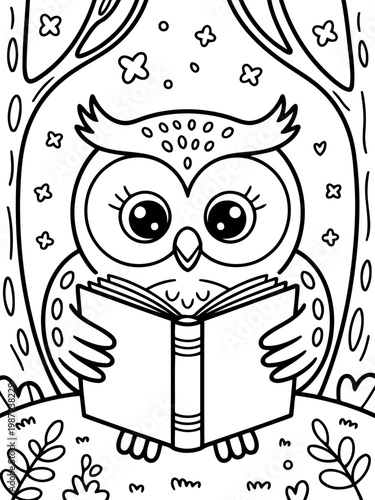 Wise Owl's Bookworm Delights: A charming, outlined illustration of an owl absorbed in a book, nestled amidst a tranquil, nature-inspired setting. It is the perfect blend of learning and leisure.