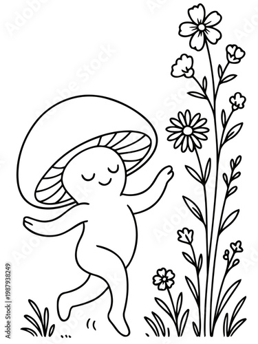 Whimsical Mushroom Dance: A cheerful mushroom character dances joyfully beside a delicate sprig of flowers, bringing a sense of enchantment and lightheartedness.