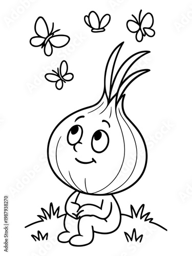 Whimsical Onion Dreaming: A charming, personified onion character sits amidst blades of grass, gazing upwards at graceful butterflies, capturing a moment of innocent daydreaming and imagination.