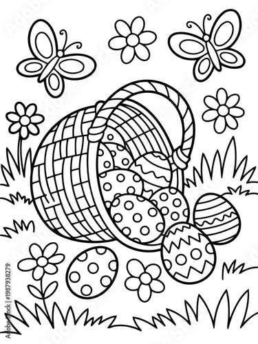 Easter Basket Overflow: A delightful illustration of an overturned Easter basket overflowing with colorful eggs, surrounded by charming butterflies and blooming flowers.