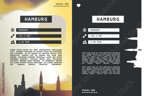 Hamburg, Germany vector infographics, brochure layout set. Guide, leaflet, flyer, graphic templates with text, information, data, city skyline shape. Mock up, copy space images series