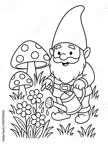 Garden Gnome's Verdant Domain: A whimsical garden gnome tends to vibrant blooms with care, a mushroom providing shade, creating a storybook scene of tranquility.