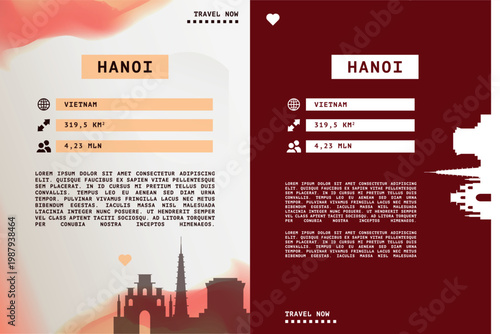 Hanoi, Vietnam vector infographics, brochure layout set. Guide, leaflet, flyer, graphic templates with text, information, data, city skyline shape. Mock up, copy space images series