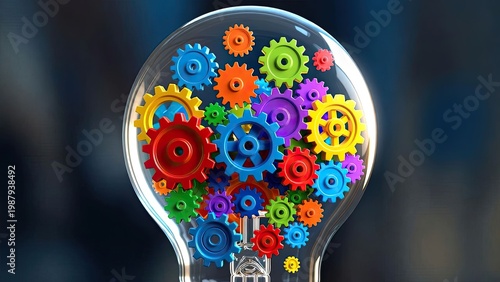 Unique perspective on colorful gears inside a creative light bulb display