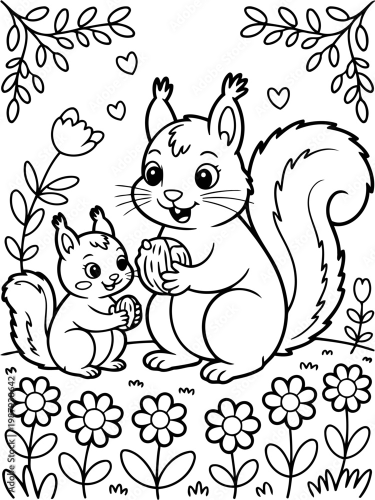 Fototapeta premium Squirrel Family Sketch: A delightful illustration of a squirrel family in a charming floral setting, exuding warmth and tenderness. A celebration of familial bonds and the beauty of nature.