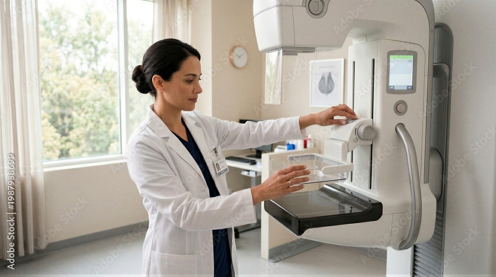 Naklejka premium Female doctor operating mammography machine for breast cancer screening