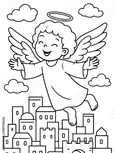 Heavenly Messenger: A cheerful angel soars above a serene city, its wings spread wide and a gentle halo crowning its head. This illustration evokes a sense of peace, joy, and heavenly presence.