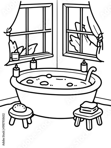 Serene Bath Time in Home: A quaint bathroom scene with a cozy bathtub, candles, and window, evoking peace and relaxation.