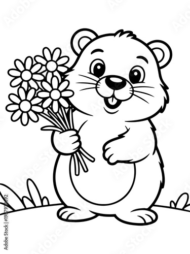 Cute Groundhog and Flower: An endearing cartoon groundhog joyfully clutches a bouquet of flowers, embodying the charm and innocence of nature.
