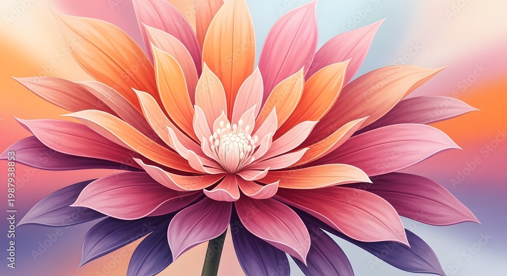 Fototapeta premium Symmetric vibrant dahlia flower in rainbow colors. Abstract floral geometry and bright botanical pattern. Large colorful petals radiating from a central bloom against soft light