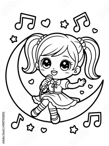 Singing Star on the Crescent Moon: A charming cartoon girl with pigtails is singing into a microphone, sitting on a crescent moon, and surrounded by musical notes and stars.