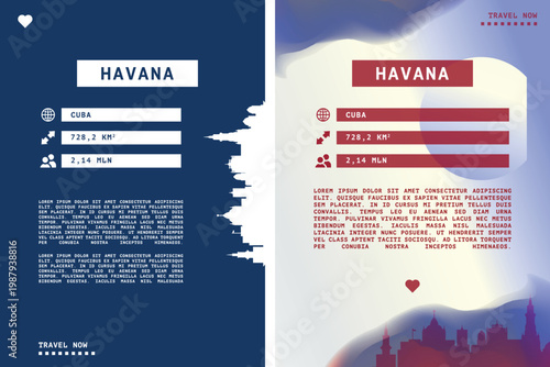 Havana, Cuba vector infographics, brochure layout set. Guide, leaflet, flyer, graphic templates with text, information, data, city skyline shape. Mock up, copy space images series