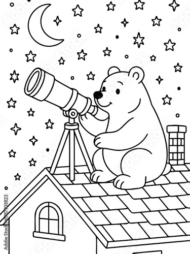 Night Sky Observation: A whimsical illustration of a friendly bear using a telescope to observe the night sky, creating a sense of wonder and curiosity.