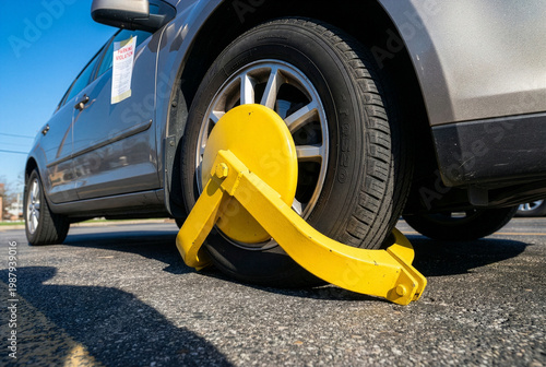 A silver car immobilized by a bright yellow wheel clamp with a parking violation notice on the window.