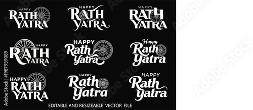 Happy Rath Yatra Typography Collection With Chariot Wheel on black background .