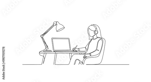 Woman working on laptop at desk with lamp and headphones, minimalist line art
