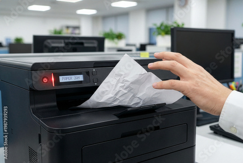 An office worker pulling crumpled paper from a malfunctioning printer showing a paper jam error in a modern workplace