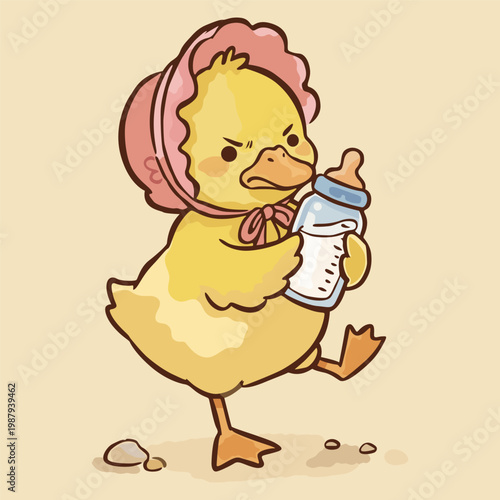 Cute baby duckling wearing pink bonnet holding a milk bottle and walk vector illustration