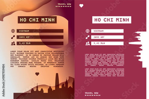 Ho Chi Minh, Vietnam vector infographics, brochure layout set. Guide, leaflet, flyer, graphic templates with text, information, data, city skyline shape. Mock up, copy space images series